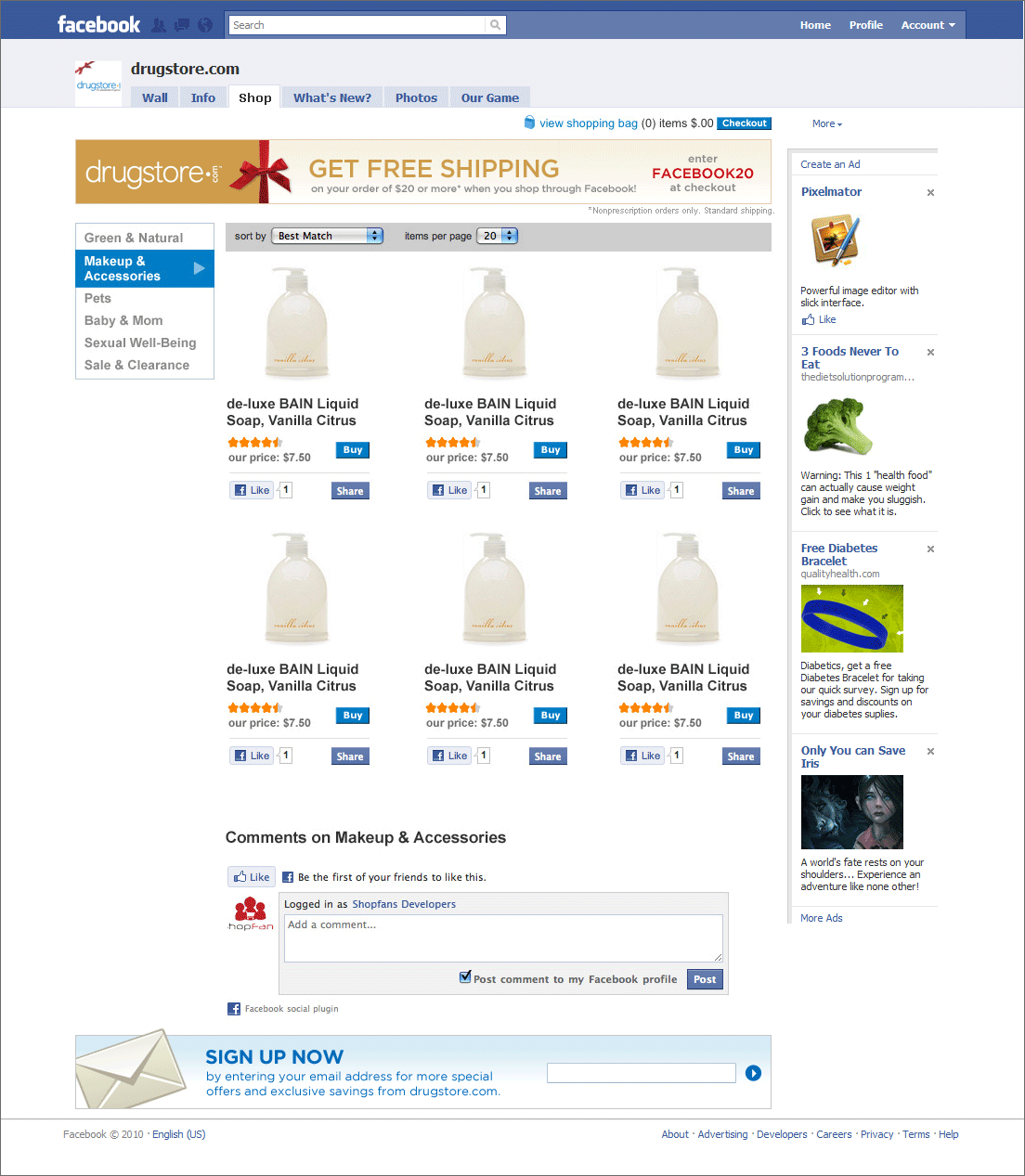 drugstore.com shopping experience on Facebook